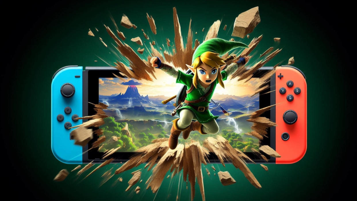  Link jumping through the screen of a Nintendo Switch console surrounded by debris. 