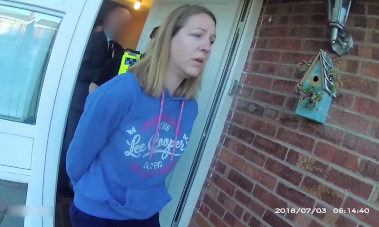 <span>Police bodycam footage of Lucy Letby's first arrest at her home in Chester in July 2018.</span><span>Photograph: Cheshire Constabulary</span>