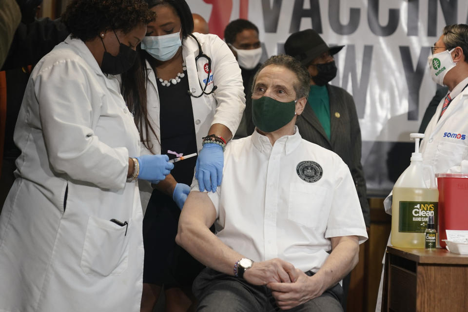 New York Gov. Andrew Cuomo's vaccination at Mount Neboh Baptist Church in Harlem on March 17 was part of a public relations blitz that distracted him from budget talks. (Photo: Seth Wenig/Getty Images)