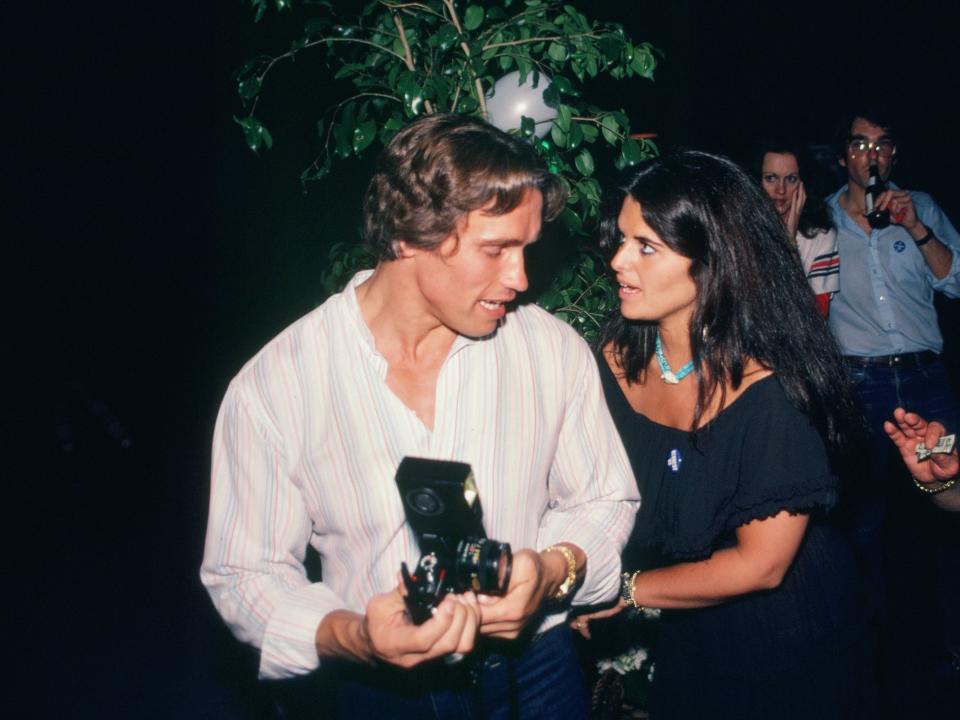 Arnold Schwarzenegger and Maria Shriver collect donations for Senator Ted Kennedy's 1980 Presidential bid at Flippers Roller Disco in Los Angeles, California.