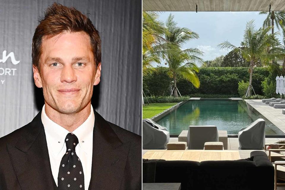<p>Dave Kotinsky/Getty Images; Tom Brady/Instagram</p> Tom Brady shares snap of his backyard and swimming pool