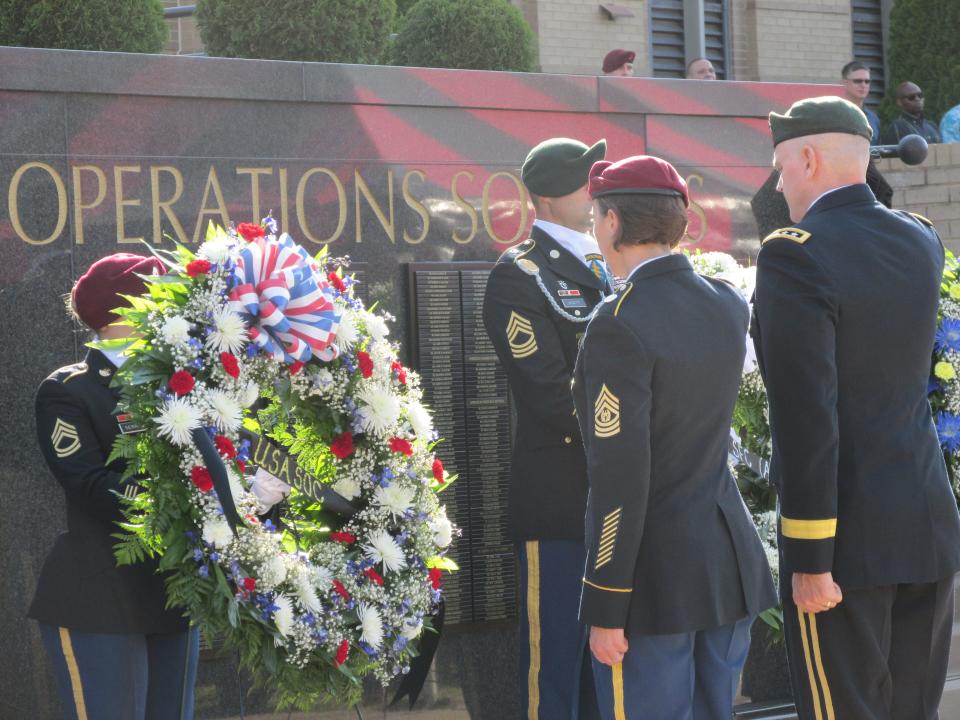 Command Sgt. Maj. JoAnn Naumann and Lt. Gen. Jonathan Braga, the command team for the U.S. Army Special Operations Command, salute during a memorial ceremony Thursday, May 23, 2024, at Fort Liberty.