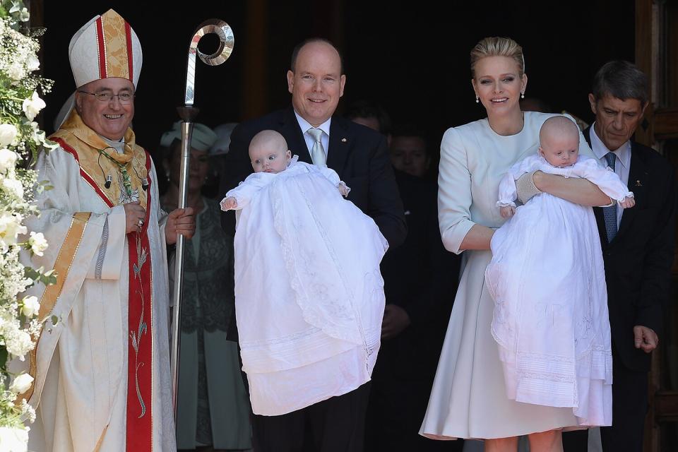 Archibishop Bernard Barsi, Prince Albert II of Monaco, Princess Gabriella of Monaco, Prince Jacques of Monaco and Princess Charlene of Monaco attend The Baptism Of The Princely Children at The Monaco Cathedral