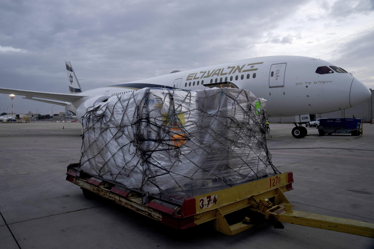 A shipment of Pfizer's antiviral COVID-19 pill, Paxlovid, sits on a pallet on arrival at Ben Gurion International airport near Tel Aviv, Thursday, Dec. 30, 2021. (AP Photo/Maya Alleruzzo)