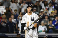 New York Yankees designated hitter Aaron Judge reacts after walking against Boston Red Sox starting pitcher Brayan Bello during the third inning of a baseball game Sunday, Sept. 25, 2022, in New York. (AP Photo/Jessie Alcheh)