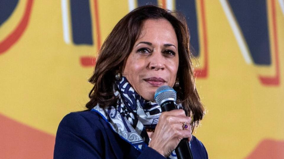 One of Hobart “Hobie” Young’s photoshopped images of Sen. Kamala Harris (above) is a wide shot of the Oct. 7 vice presidential debate depicting her sitting with her legs open opposite Vice President Mike Pence. (Photo by Joe Buglewicz/Getty Images)