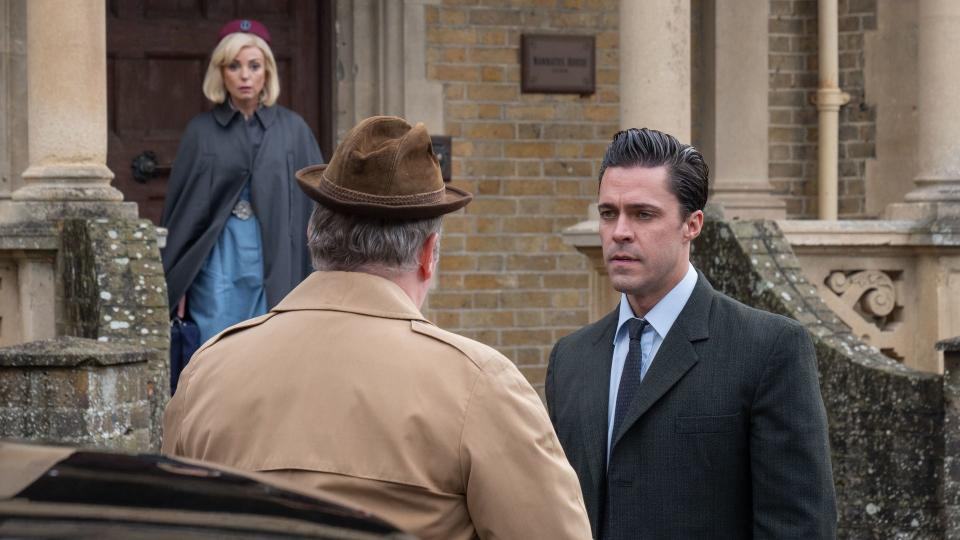 Helen George as Trixie and Olly Rix and Matthew in Call the Midwife