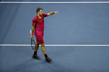 Sep 9, 2016; New York, NY, USA; Stan Wawrinka of Switzerland celebrates the win against Kei Nishikori of Japan in four sets on day twelve of the 2016 U.S. Open tennis tournament at USTA Billie Jean King National Tennis Center. Mandatory Credit: Anthony Gruppuso-USA TODAY Sports