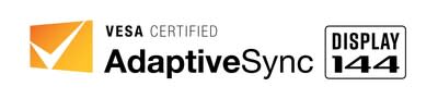 The VESA Certified AdaptiveSync Display logo is designed for gaming displays, focused on significantly higher refresh rates and low latency panel performance. The logo includes a value indicating the maximum video frame rate that is achievable for Adaptive-Sync operation when tested in factory default settings at native resolution. Values in the logo include 144, 165, 240, 360, etc.