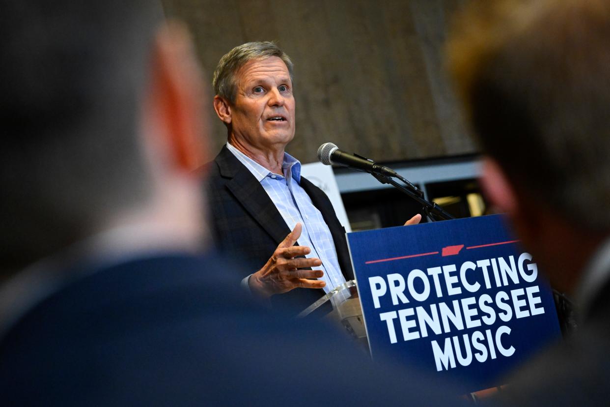 Tennessee Governor Bill Lee speaks during a news conference at RCA Records Wednesday, Jan. 10, 2024, in Nashville, Tenn., as he unveiled new legislation designed to protect songwriters, performers and other music industry professionals against the potential dangers of artificial intelligence. (AP Photo/John Amis)