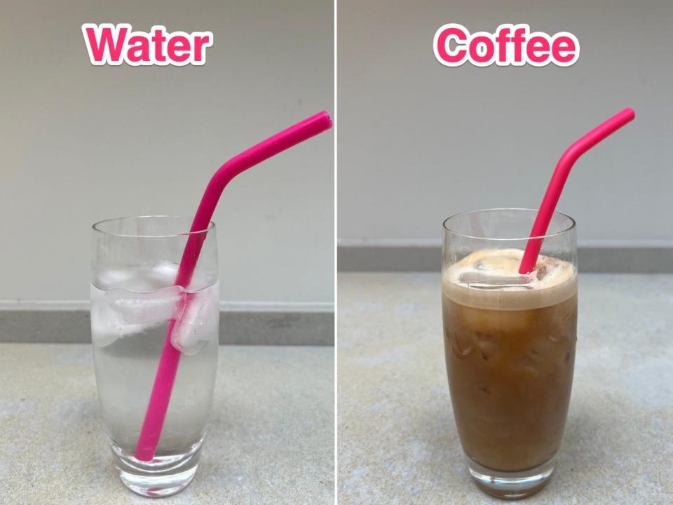 I tried the silicone straw in water and iced coffee first