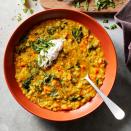 <p>This hearty red lentil soup uses spices common in Persian cuisine: turmeric, cumin and saffron. Enjoy it with a warm baguette or steamed rice.</p> <p> <a href="https://www.eatingwell.com/recipe/7938176/red-lentil-soup-with-saffron/" rel="nofollow noopener" target="_blank" data-ylk="slk:View Recipe" class="link ">View Recipe</a></p>