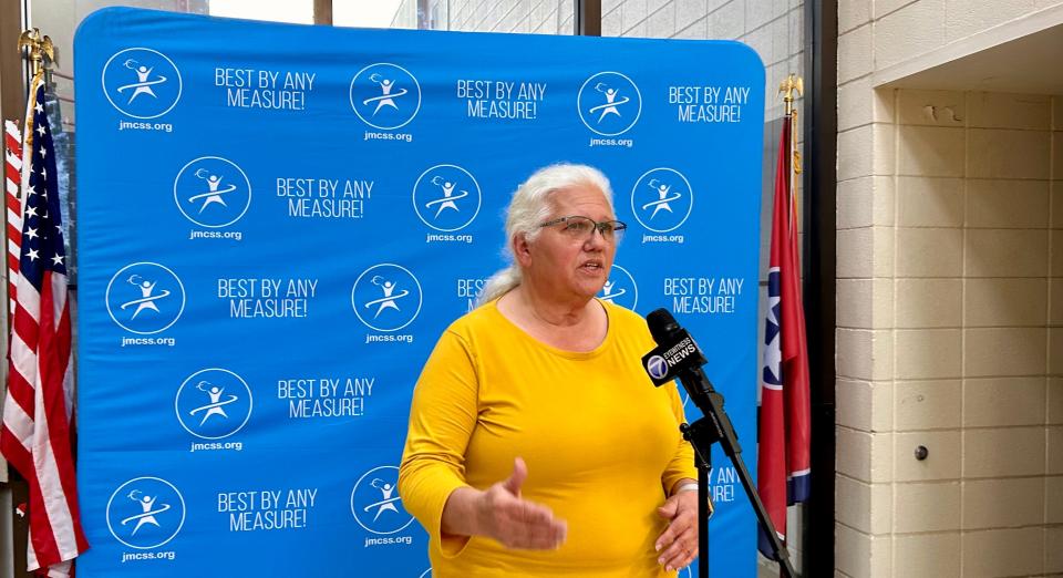 School board member Debbie Gaugh, District 6, speaks to the media after the April 18 board meeting at the Jackson Madison County School System Central Office in Jackson, Tenn.