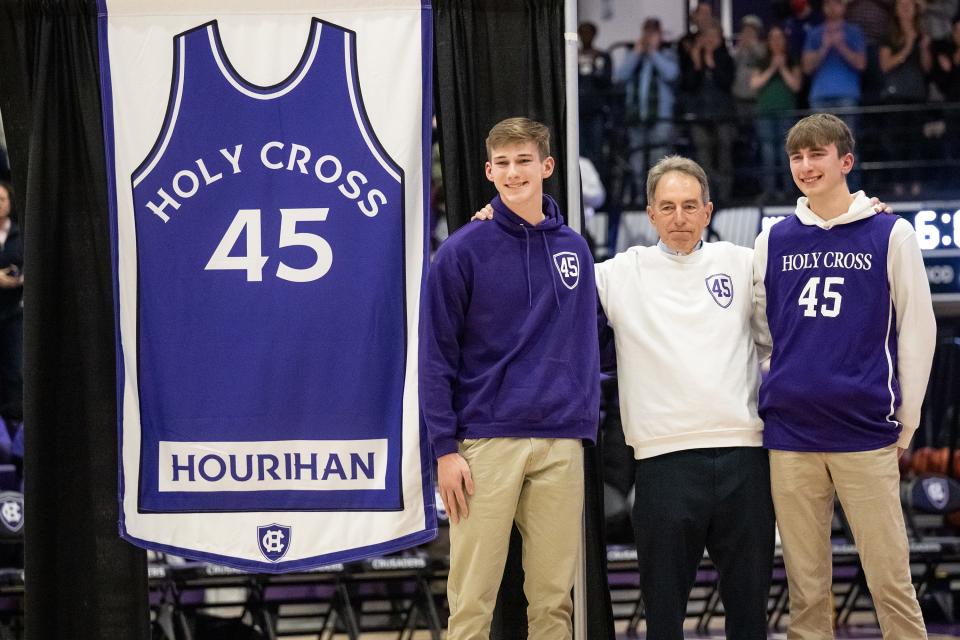 Janet Hourihan Brooks recently lost her battle with cancer. Her husband and sons were in attendance as Holy Cross honored her Saturday by retiring her number.