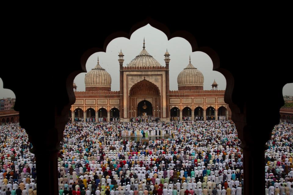 Muslims gather to offer Eid al-Fitr prayers at the Jama Masjid in New Delhi, India, May 3, 2022. Eid al-Fitr marks the end of the fasting month of Ramadan.<span class="copyright">Javed Dar—Xinhua/Getty Images</span>