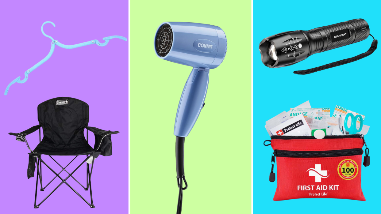 Airbnb essentials: travel hanger, fold-up chair, travel hairdryer, flashlight, first-aid kit