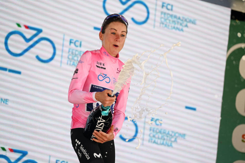 MODENA ITALY  JULY 02 Annemiek Van Vleuten of The Netherlands and Movistar Team  Pink Leader Jersey celebrates at podium during the 34th Giro dItalia Donne 2023 Stage 3 a 1182km stage from Formigine to Modena  UCIWWT  on July 02 2023 in Modena Italy Photo by Dario BelingheriGetty Images