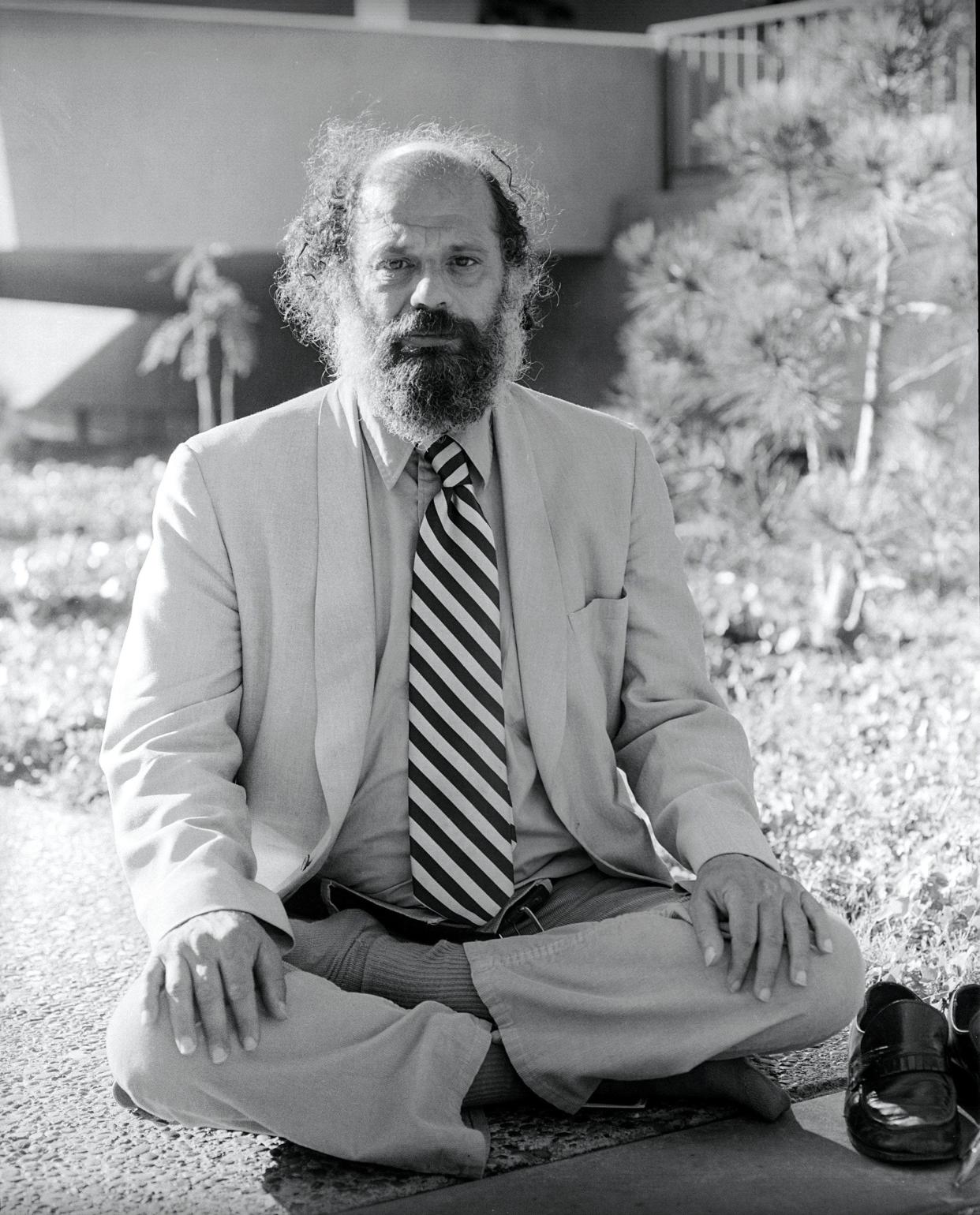 The poet Allen Ginsberg, on the grounds of the San Francisco Poetry Center, 1979. This photo taken by Joey Tranchina is on view now at the Palm Beach Photographic Centre in West Palm Beach.