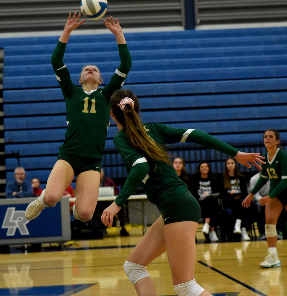 McKenna Payne of SMCC was all over the floor setting up Madeline Dettling for a spike as they beat Plymouth Christian in 3 sets of the Division 3 Quarterfinals at Ypsilanti Lincoln High School Tuesday, November 14, 2023.