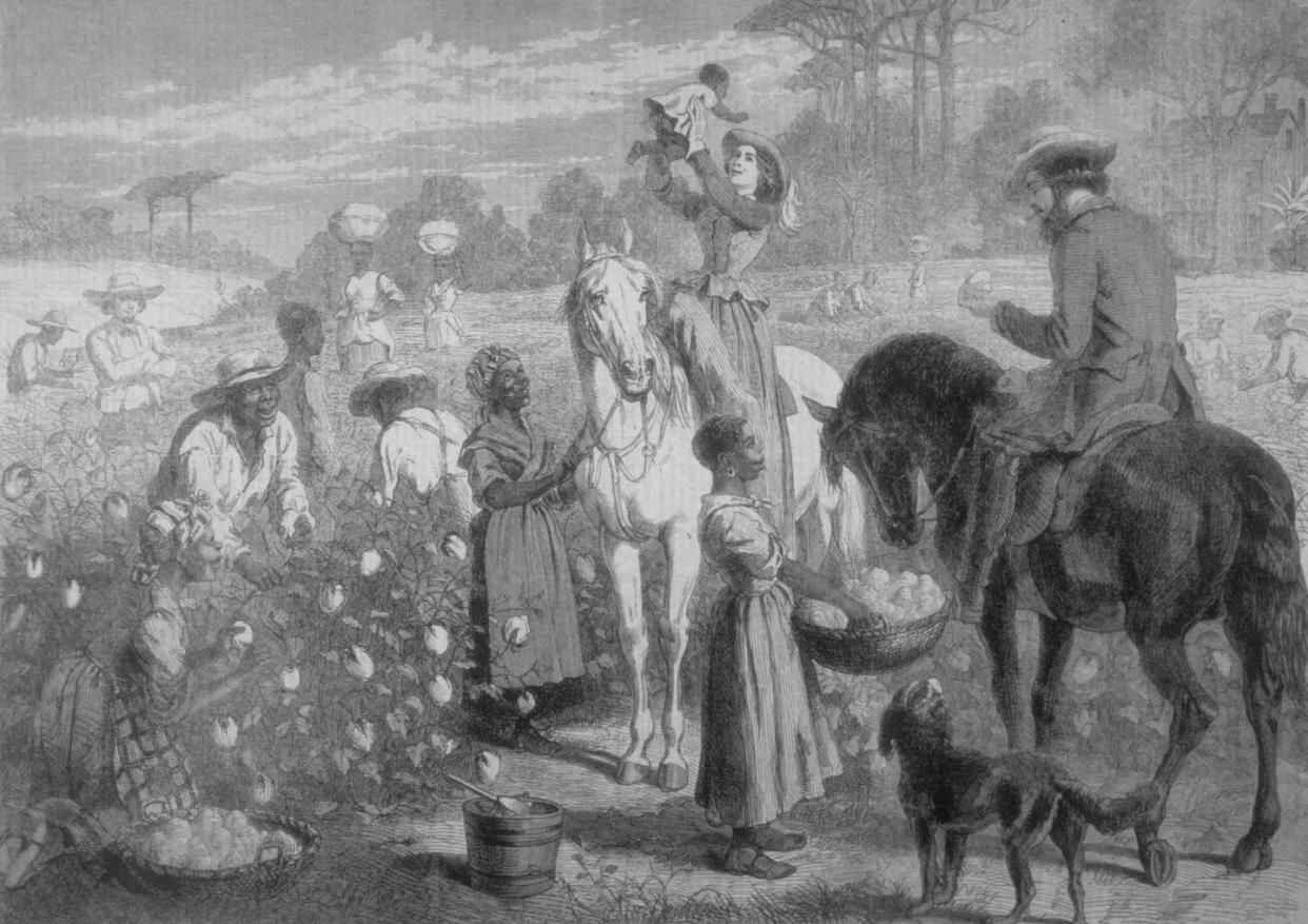 No guessing who in this 1864 depiction may have been compensated after slavery ended. <a href="https://www.gettyimages.com/detail/news-photo/propri%C3%A9taire-dune-plantation-avec-leurs-esclaves-aux-etats-news-photo/840481568?adppopup=true" rel="nofollow noopener" target="_blank" data-ylk="slk:API/Gamma-Rapho via Getty Images;elm:context_link;itc:0;sec:content-canvas" class="link ">API/Gamma-Rapho via Getty Images</a>