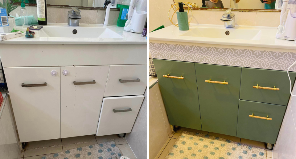 Kirstie's before (left) and after (right) of her DIY bathroom transformation. Photo: Facebook