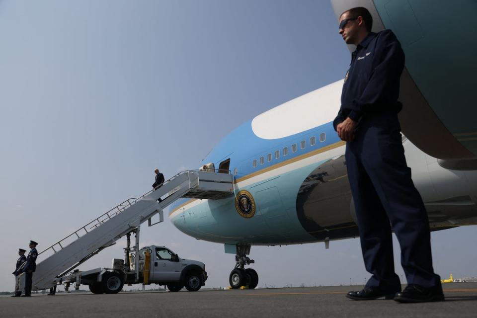 Joe Biden disembarks Air Force One at Philadelphia International Airport in Philadelphia, Pennsylvania (AFP via Getty Images)