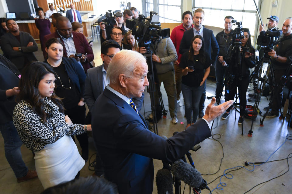 Former Vice President and 2020 Democratic presidential candidate Joe Biden speaks to the media while during a visit with an assembly of Southern black mayors Thursday, Nov. 21, 2019 in Atlanta. (AP Photo/John Amis)