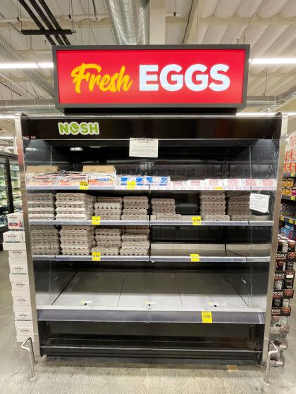 The average retail price for a dozen large eggs jumped to $7.37 in California this week, up from $4.83 at the beginning of December and just $2.35 at this time last year. The egg selection at Grocery Outlet Bargsain market Market in Redondo Beach on Thursday, Jan. 5, 2022. ( Jay Clendenin / Los Angeles Times )