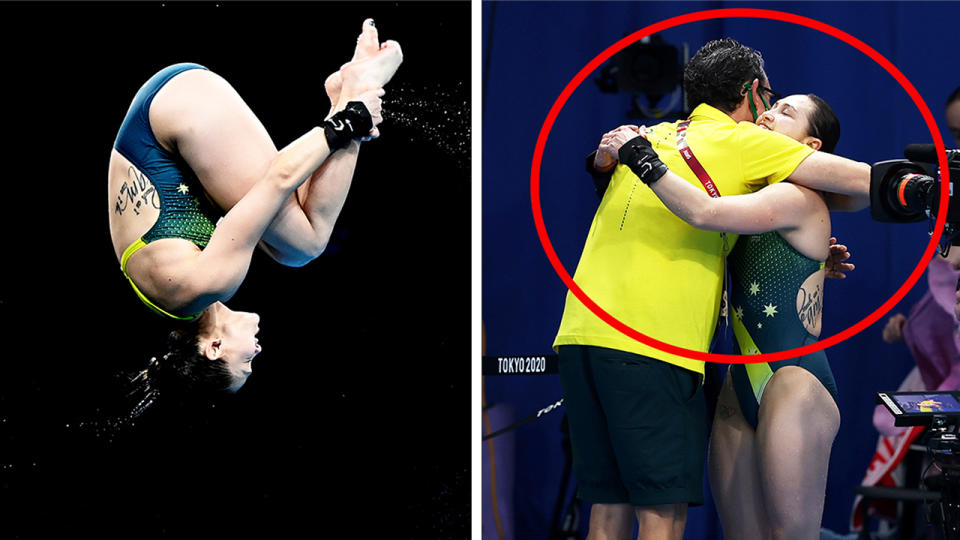 Melissa Wu (pictured left) diving in the 10m platform in Tokyo and (pictured right) hugging her coach after winning bronze.
