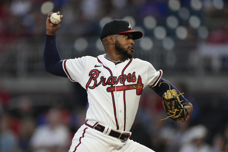 Atlanta Braves starting pitcher Darius Vines works against the Chicago Cubs in the first inning of a baseball game, Wednesday, Sept. 27, 2023, in Atlanta. (AP Photo/John Bazemore)