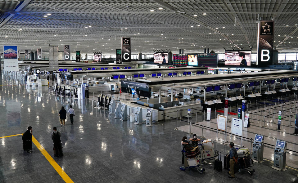 A general view of a mostly empty departure and ticketing level in Terminal 1 at Narita International Airport on May 31, 2021, in Tokyo, Japan.