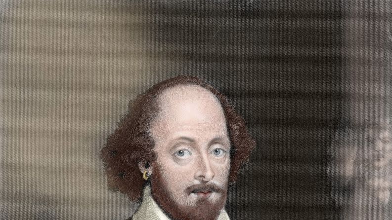 an engraving of william shakespeare in a green and red suit and looking ahead for a portrait