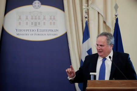 Greek Foreign Minister Nikos Kotzias addresses journalists during a joint press conference with his newly-appointed Cypriot counterpart Nikos Christodoulides (not pictured) at the Foreign Ministry in Athens, Greece, March 5, 2018. REUTERS/Alkis Konstantinidis