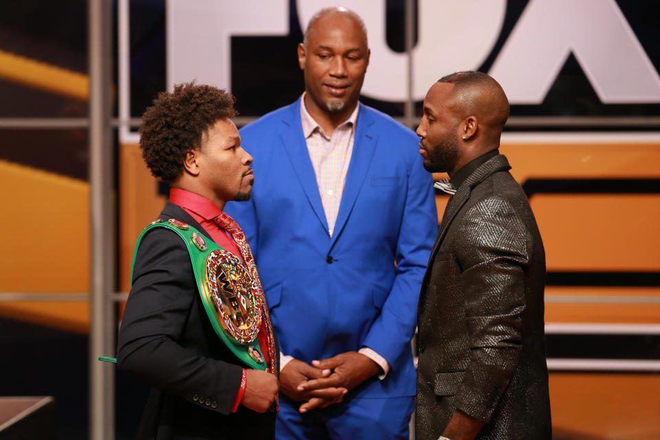 LOS ANGELES, CALIFORNIA - NOVEMBER 13: (L-R) Shawn Porter, Lennox Lewis and Yordenis Ugás attend FOX Sports and Premier Boxing Champions Press Conference Experience on November 13, 2018 in Los Angeles, California. (Photo by Leon Bennett/Getty Images)