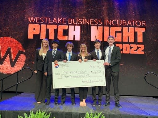 Team PharmAssist, the winner of Westlake HIgh School's 'Pitch Night' competition, developed a medication management app through the school's Business Incubator class. The team is headed to the July 13 national competition in Chicago. Team members are from left: Megan Swett, Amaan Rumi, Zach Edens, Mason Mireur, Parker Steen, and Andrew Depwe.