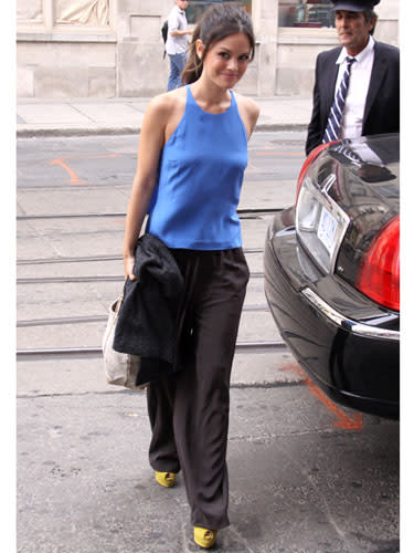 <div class="caption-credit"> Photo by: S. Fernandez/Splash News</div><div class="caption-title">Rachel Bilson</div>Flowy pants? Check. Bright blue top? Check. Yellow peep toe shoes? Check. Rachel has pulled together a perfect summer look. And we want every piece. <br> <br>