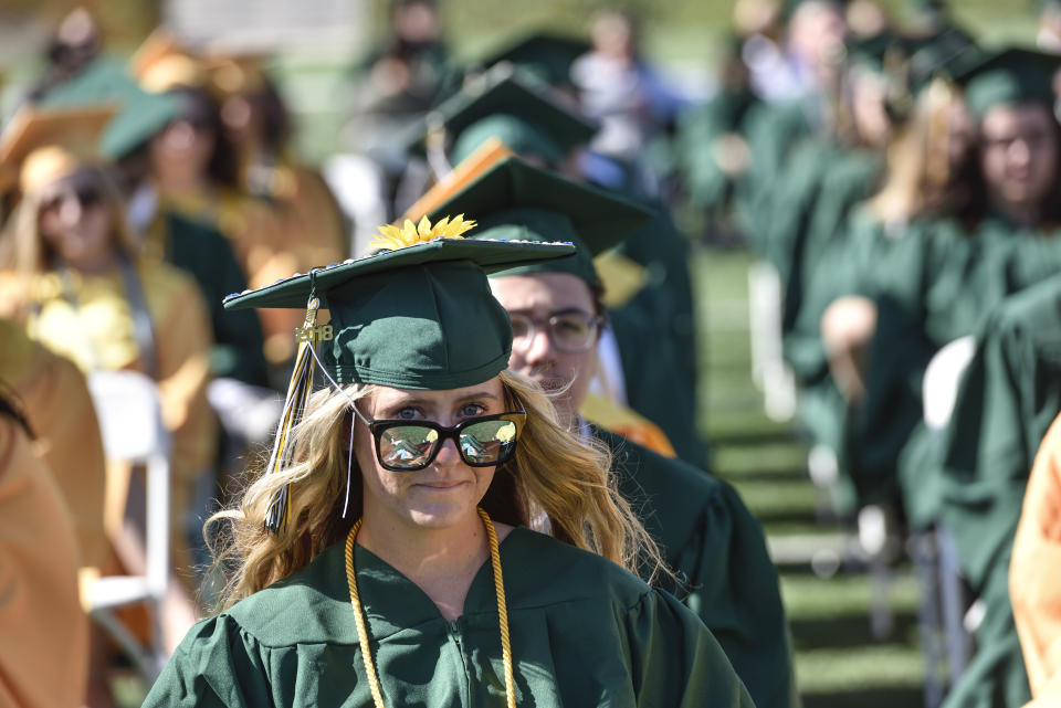 COSTA MESA, CA - JUNE 14: Graduate Jaden McKeague watches the commencement ceremony for Edison High School at Orange Coast College in Costa Mesa, CA, on Thursday, June 14, 2018. (Photo by Jeff Gritchen/Digital First Media/Orange County Register via Getty Images)