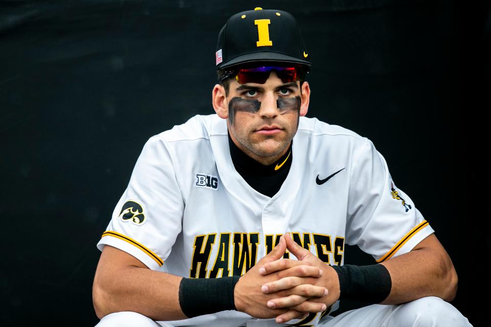 Iowa’s Brennen Dorighi gets ready before a NCAA Big Ten Conference baseball game against Ohio State, Friday, May 5, 2023, at Duane Banks Field in Iowa City, Iowa.