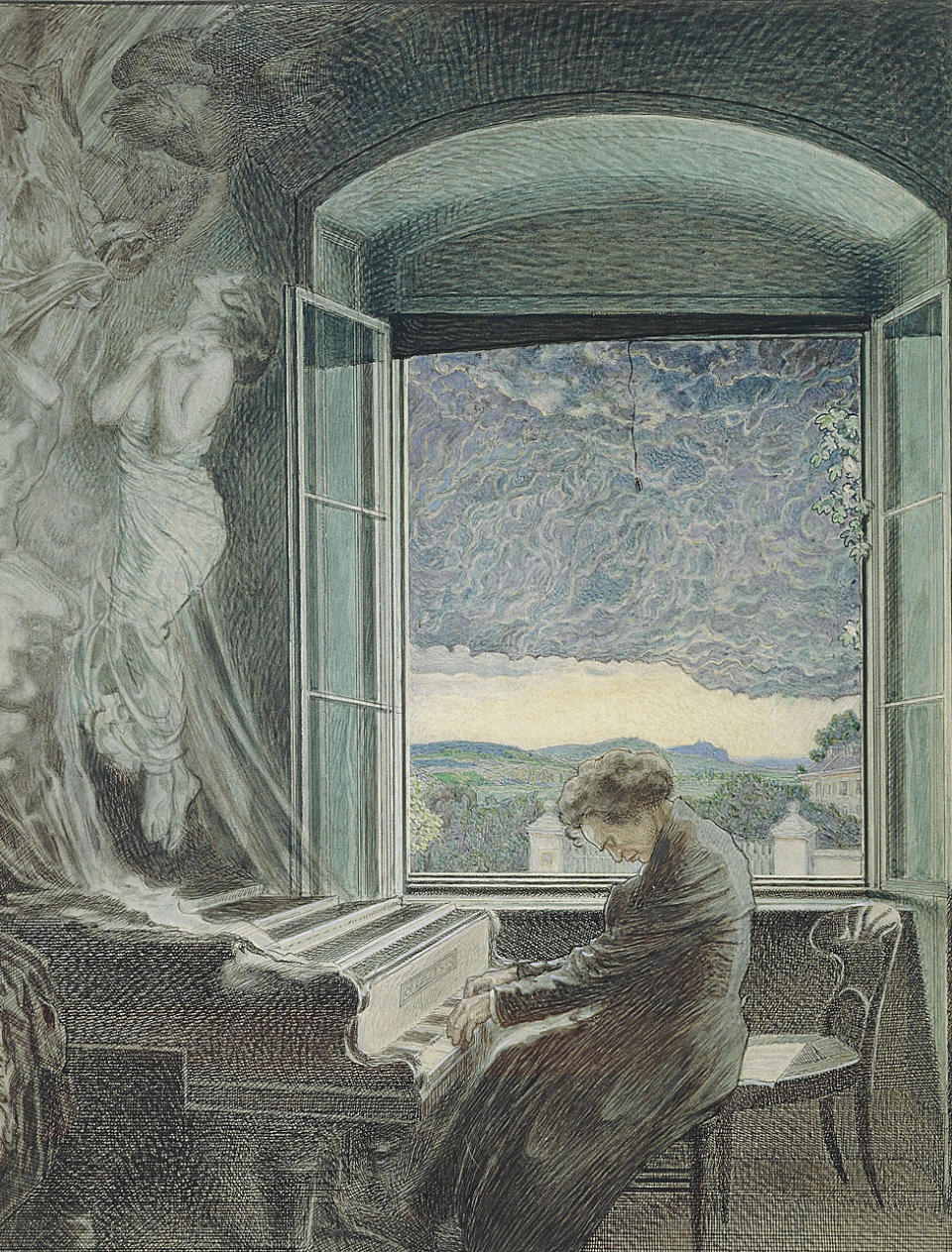 Retrato de Beethoven tocando el piano en su casa de Viena de autor desconocido.