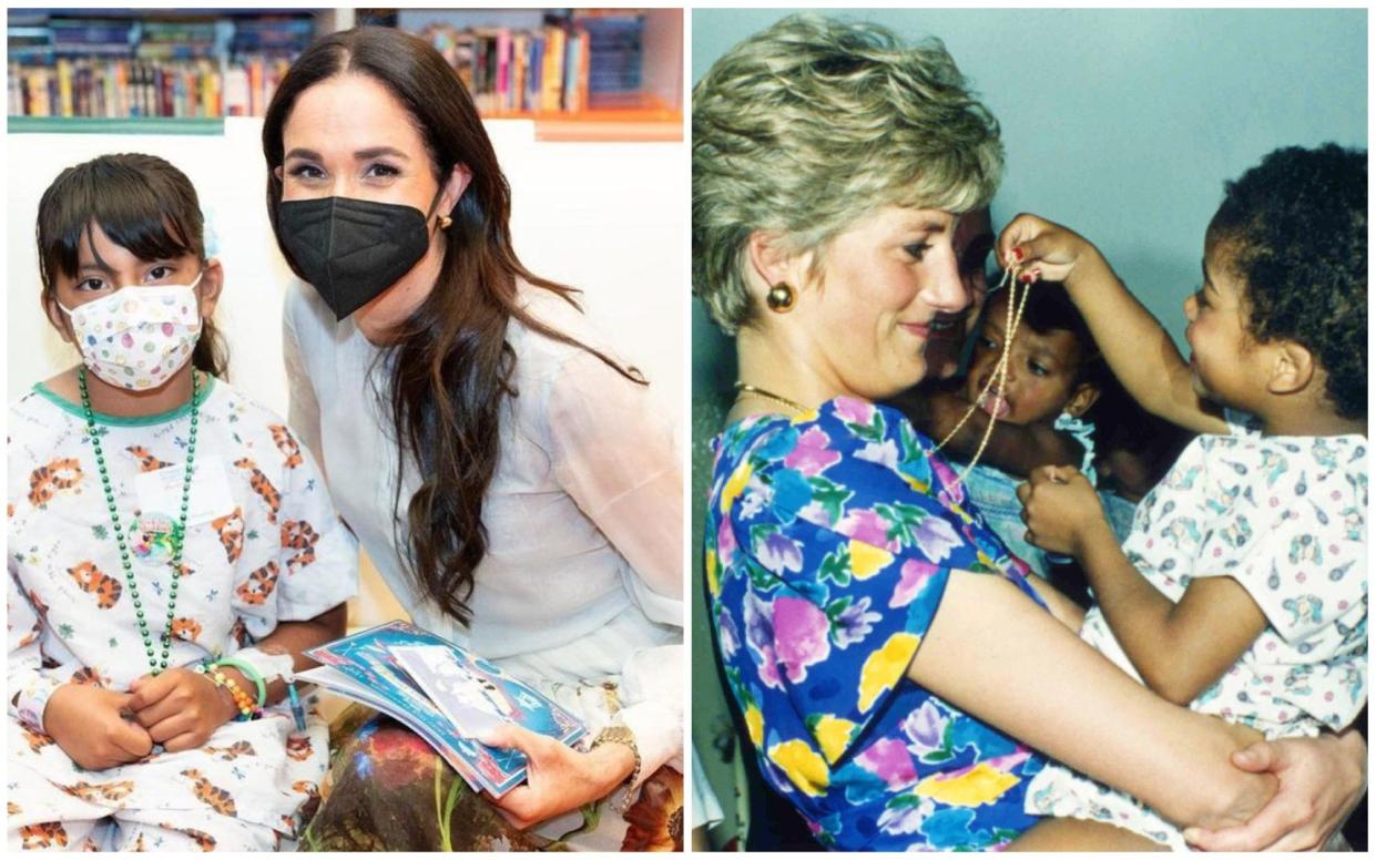 Meghan wore an Oscar de la Renta dress for a recent hospital visit, while Diana favoured a Bellville Sassoon shift for similar engagements