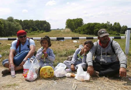 Migrants from Syria sit after they crossed the border from Serbia to Hungary, walking on the dam near the Tisza river near the city of Szeged, Hungary, on June 29. REUTERS/Laszlo Balogh