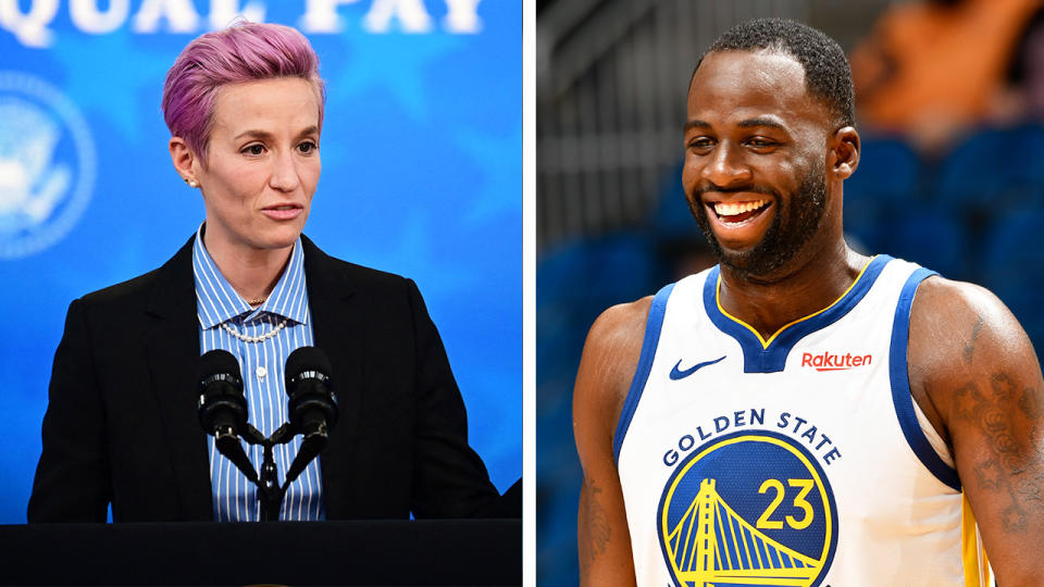 Megan Rapinoe (pictured left) speaking at the White House and Draymond Green (pictured right) smiling during an NBA game.