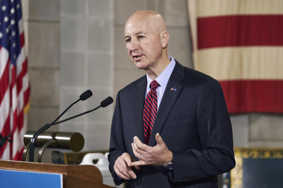 FILE - Nebraska Gov. Pete Ricketts speaks during a news conference in Lincoln, Neb., on Sept. 30, 2020. The Nebraska Supreme Court ruled Friday, Jan. 12, 2024 that a jury should decide whether former Republican state legislative candidate Janet Palmtag was defamed by her own political party in a 2020 in a race that highlighted a growing schism within the state GOP. (AP Photo/Nati Harnik, File)