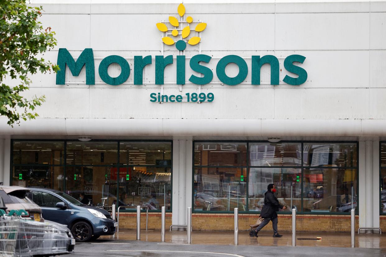 A view of a Morrisons supermarket in Stratford, east London on June 21, 2021. - Shares in British supermarket chain Morrisons surged today after it rejected a £5.5-billion ($7.6-billion, 6.4-billion-euro) takeover approach as too low. (Photo by Tolga Akmen / AFP) (Photo by TOLGA AKMEN/AFP via Getty Images)