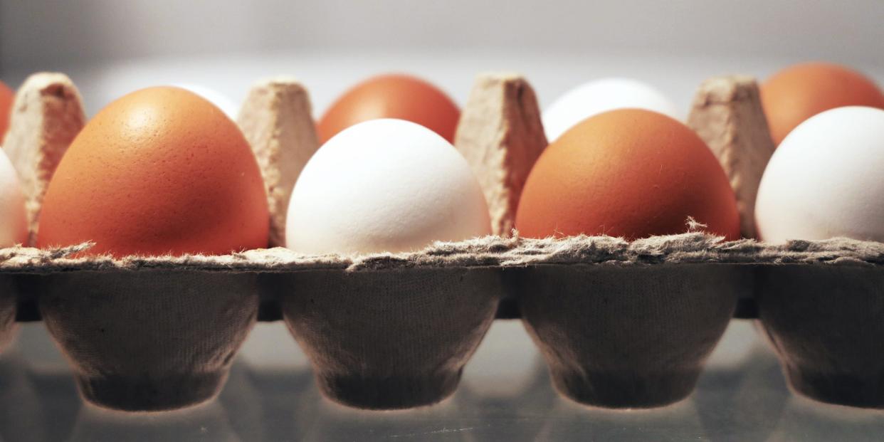 Eggs in a fridge.