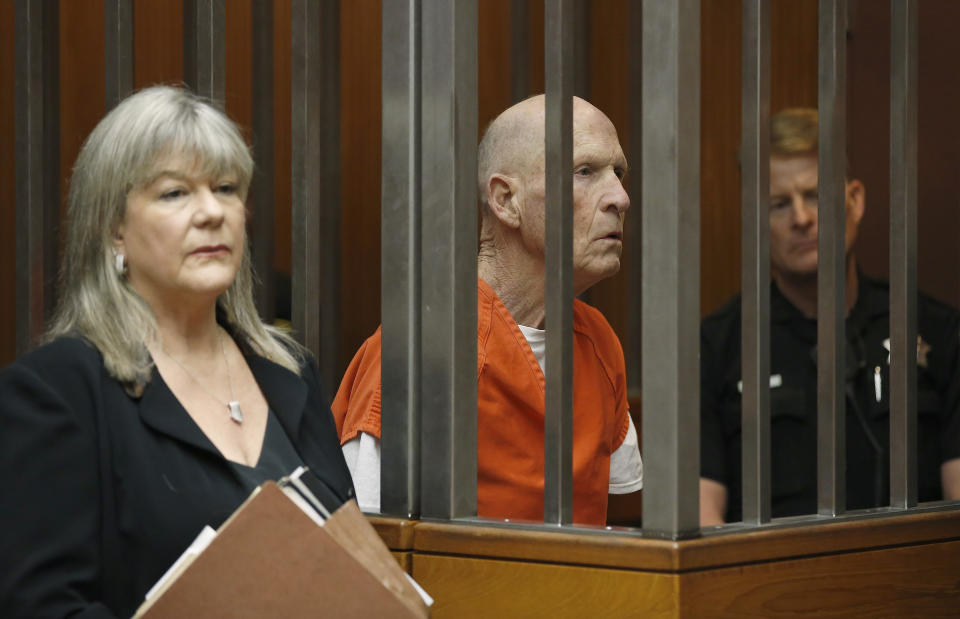 Joseph James DeAngelo, suspected of being the Golden State Killer, appears in Sacramento County Superior Court, with his attorney, Diane Howard, where prosecutors announced they will seek the death penalty if he is convicted in his case, Wednesday, April 10, 2019, in Sacramento, Calif. The announcement flies in the face of California Gov. Gavin Newsom, who recently announced a moratorium on executions. (AP Photo/Rich Pedroncelli)