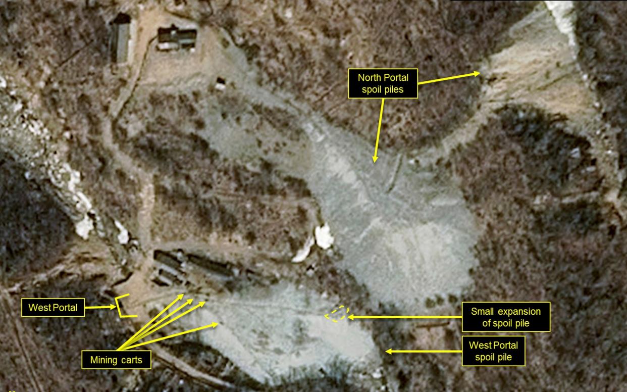 This satellite image released and notated by Airbus Defence & Space and 38 North on March 30, 2018, shows the Punggye-ri nuclear test site in North Korea - Airbus Defense and Space/38 North