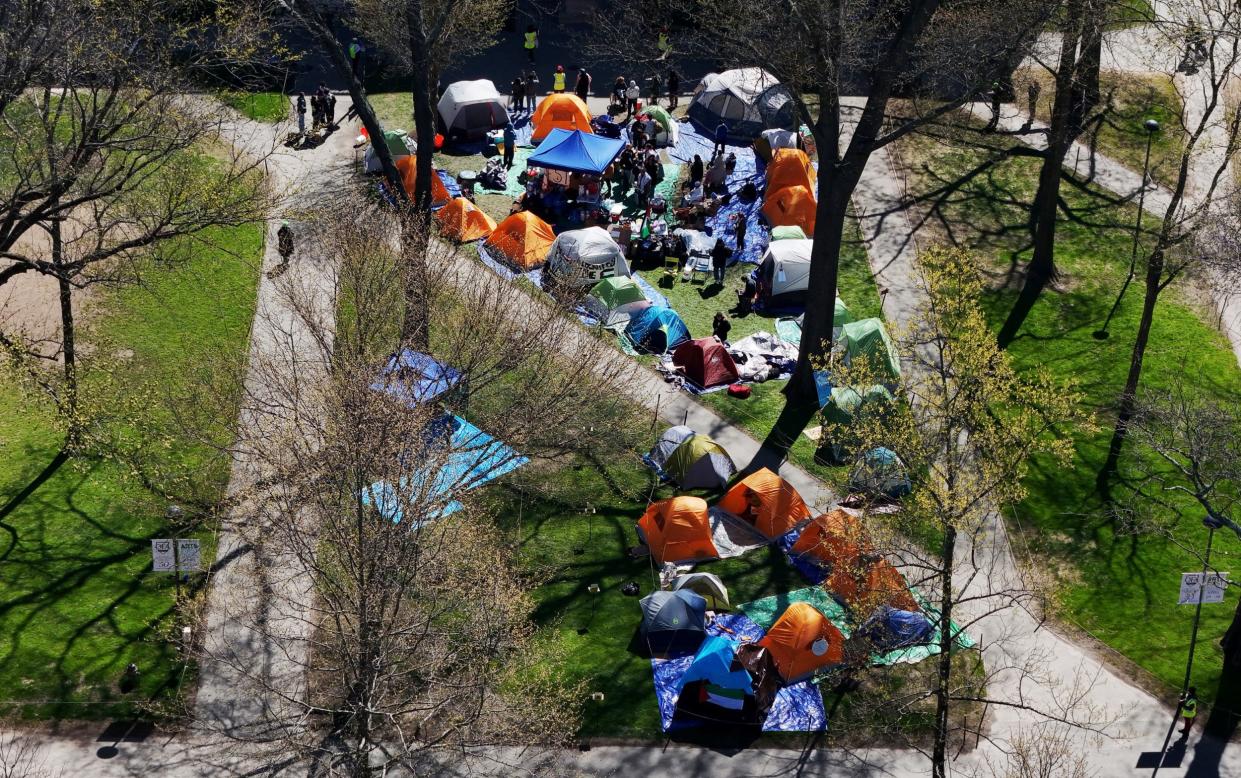 An aerial view of the encampment at Harvard University in Cambridge, Massachusetts