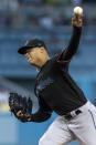 Miami Marlins starting pitcher Jesus Luzardo throws to a Los Angeles Dodgers batter during the first inning of a baseball game in Los Angeles, Friday, Aug. 19, 2022. (AP Photo/Alex Gallardo)