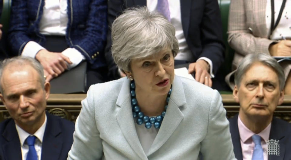 Britain's Prime Minister Theresa May makes a statement on Brexit to lawmakers in the House of Commons, London, Monday March 25, 2019. May is under intense pressure Monday to win support for her Brexit deal to split from Europe.(House of Commons via AP)